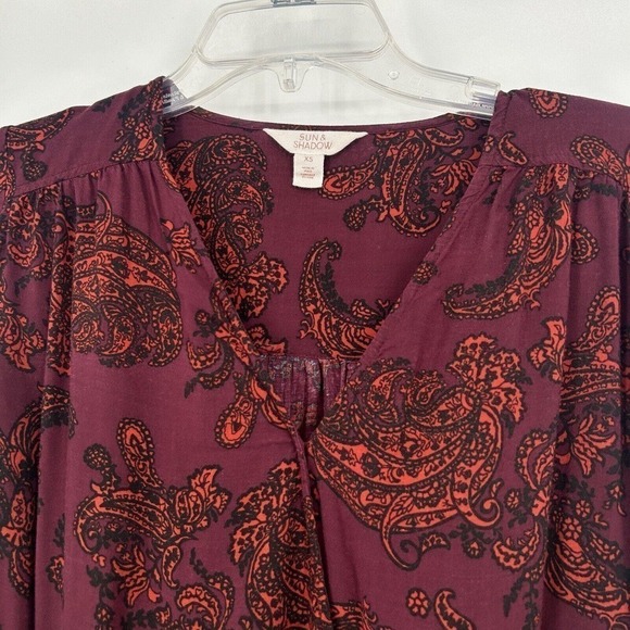 Sun & Shadow Burgundy Drape Front Crop Top Long Crochet Bell Sleeves Size XS - Picture 2 of 10